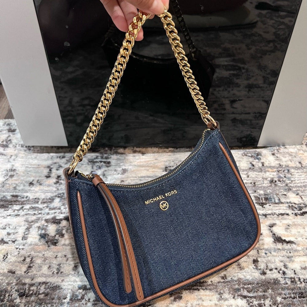 Michael Kors Jet Set Small Chain Denim Pochette Blue and Brown Shoulder Bag - Picture 5 of 11